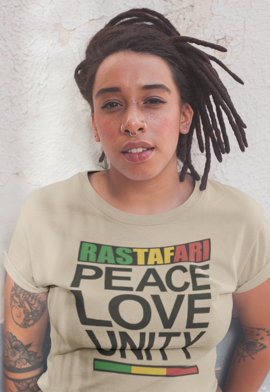 Rastafari Peace Love Unity Tan T-shirt - Unisex
